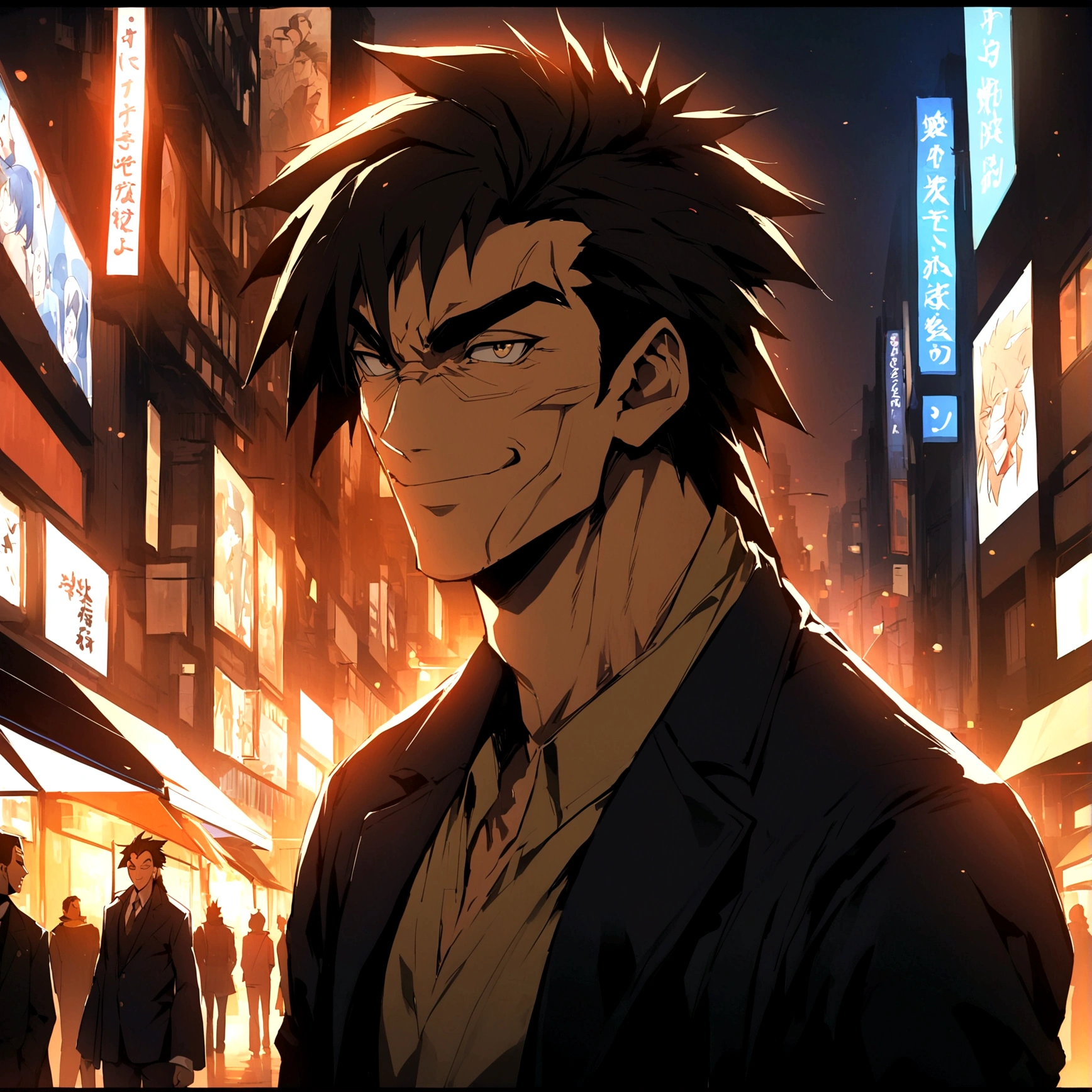 boy、Kaiji、Transform into anime style, Exaggerated and distinctive facial features and clothing, standing on a busy city street, A backlit background to make your subject stand out, 4K High Resolution，young, smile, good looking