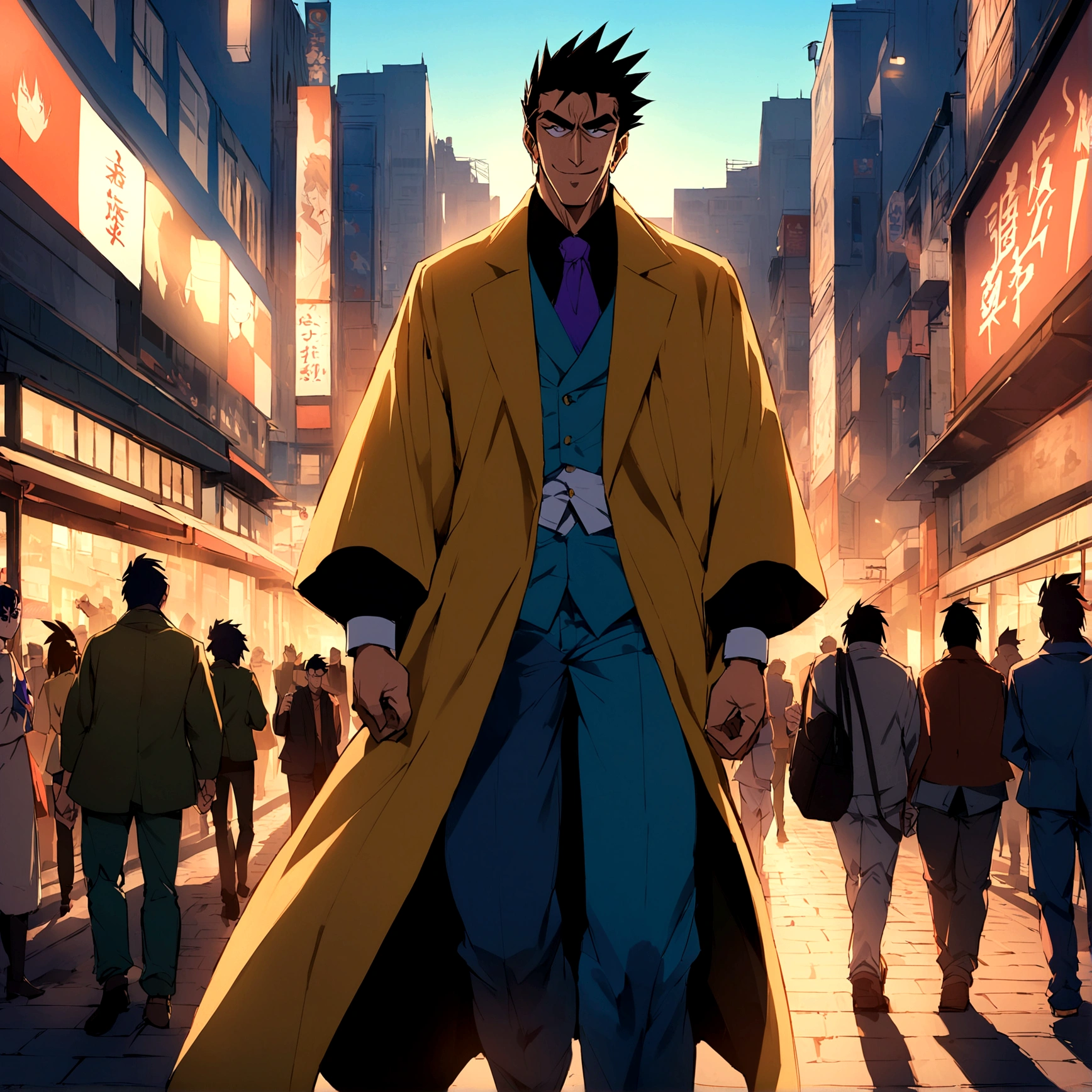 boy、Kaiji、Transform into anime style, Exaggerated and distinctive facial features and clothing, standing on a busy city street, A backlit background to make your subject stand out, 4K High Resolution,young, smile, good looking