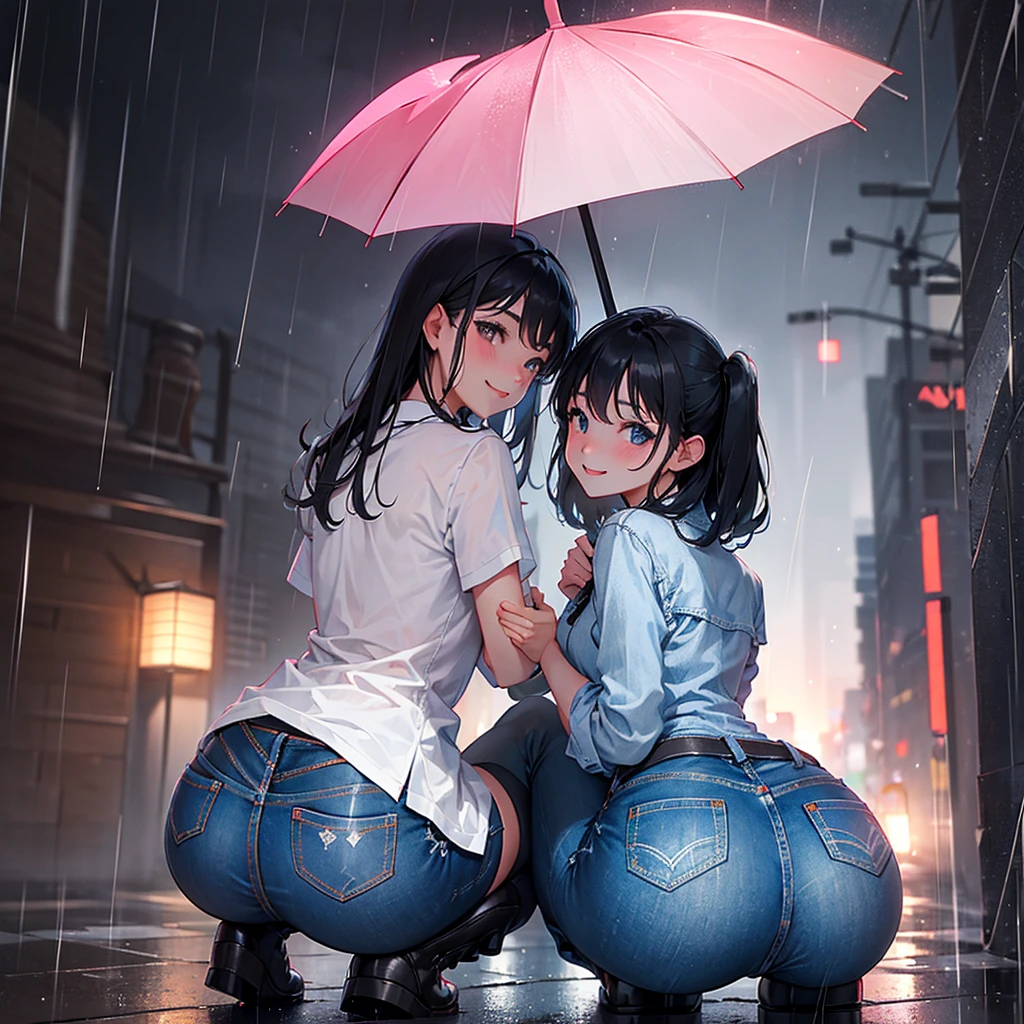 beautiful girl、((Accentuate your butt))、smile、((Holding an umbrella))、((It's raining))、Shibuya、squat、Black Hair、denim、(Vinyl umbrella)