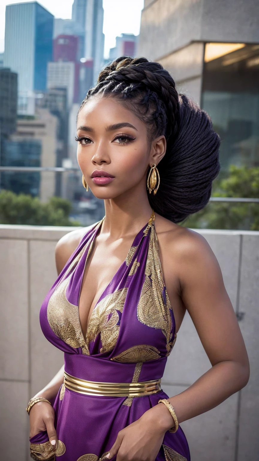 "Create an image of a beautiful model woman with a perfect face, ultra realistic, in 16k resolution, resembling a Vogue model with a detailed face and eyes. She is a Nigerian model with braided hair styled in an intricate updo. Her makeup is bold, featuring gold eyeshadow and a deep plum lipstick. She is striking a powerful pose, standing with her hands on her hips and a fierce expression. She is wearing an elegant, fitted jumpsuit in vibrant Ankara print. The background is a modern urban rooftop at sunset, with a panoramic view of the city skyline."