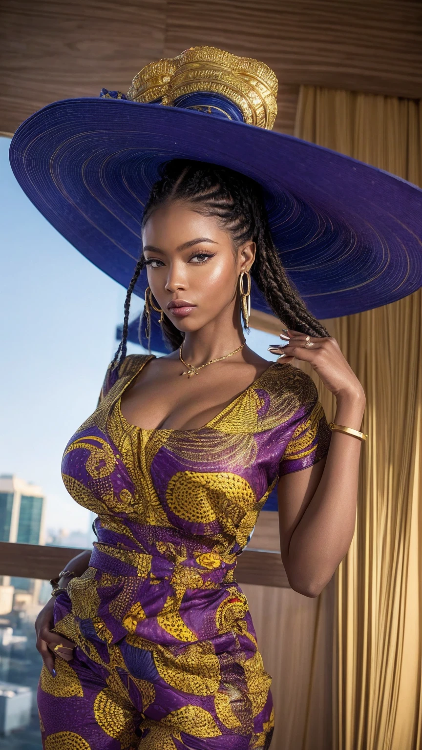 
"Create an image of a beautiful model woman with a perfect face, ultra realistic, in 16k resolution, resembling a Vogue model with a detailed face and eyes. She is a Nigerian model with braided hair styled in an intricate updo. Her makeup is bold, featuring gold eyeshadow and a deep plum lipstick. She is striking a powerful pose, standing with her hands on her hips and a fierce expression. She is wearing an elegant, fitted jumpsuit in vibrant Ankara print. The background is a modern urban rooftop at sunset, with a panoramic view of the city skyline."
