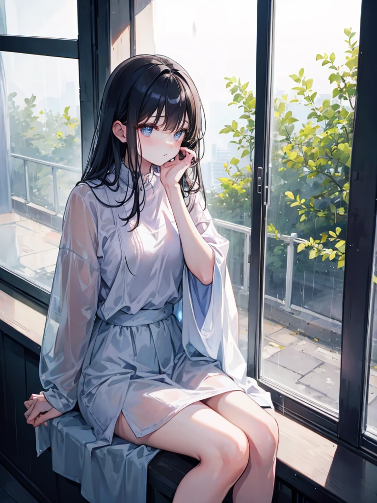 masterpiece, high-quality, a beautiful woman, resting her chin on her hands and looking out the window, humid and sweating, listless look, a little dark room, It's raining outside the window