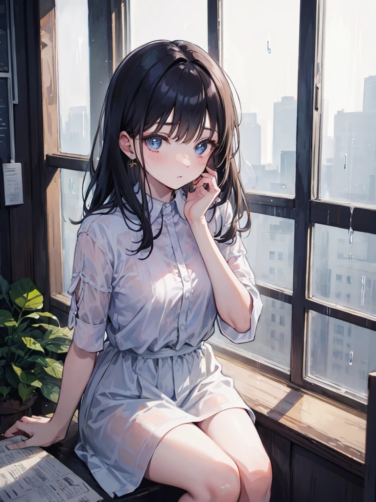 masterpiece, high-quality, a beautiful woman, resting her chin on her hands and looking out the window, humid and sweating, listless look, a little dark room, It's raining outside the window