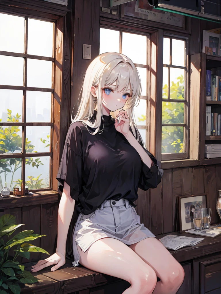 masterpiece, high-quality, a beautiful woman, resting her chin on her hands and looking out the window, humid and sweating, listless look, a little dark room, It's raining outside the window