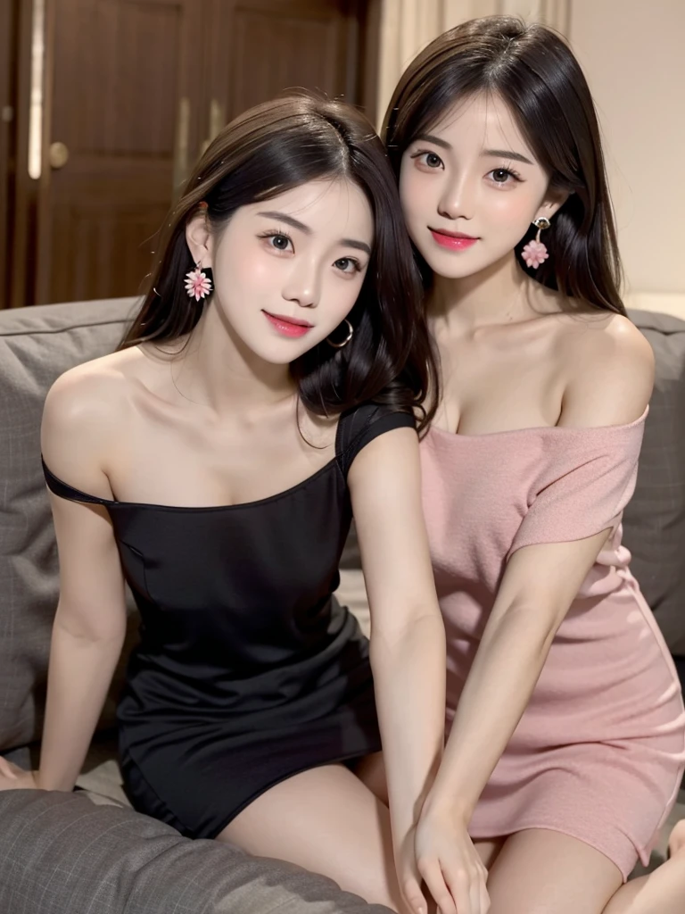 (2 girls)、17-year-old female、Beauty、Dark-haired、clothing(Black off-the-shoulder dress、Casual enough to see underwear) Very slim figure,,,,,、Very slim leganicure、earrings、Pink Lips、photo、lifelike、Sexual、Top quality、adoption、Delicate face、Detailed background、Depth of Field、Full body view、Sitting on the sofa,Kneeling on the ground、Sexual、Solitary、night,Different actions