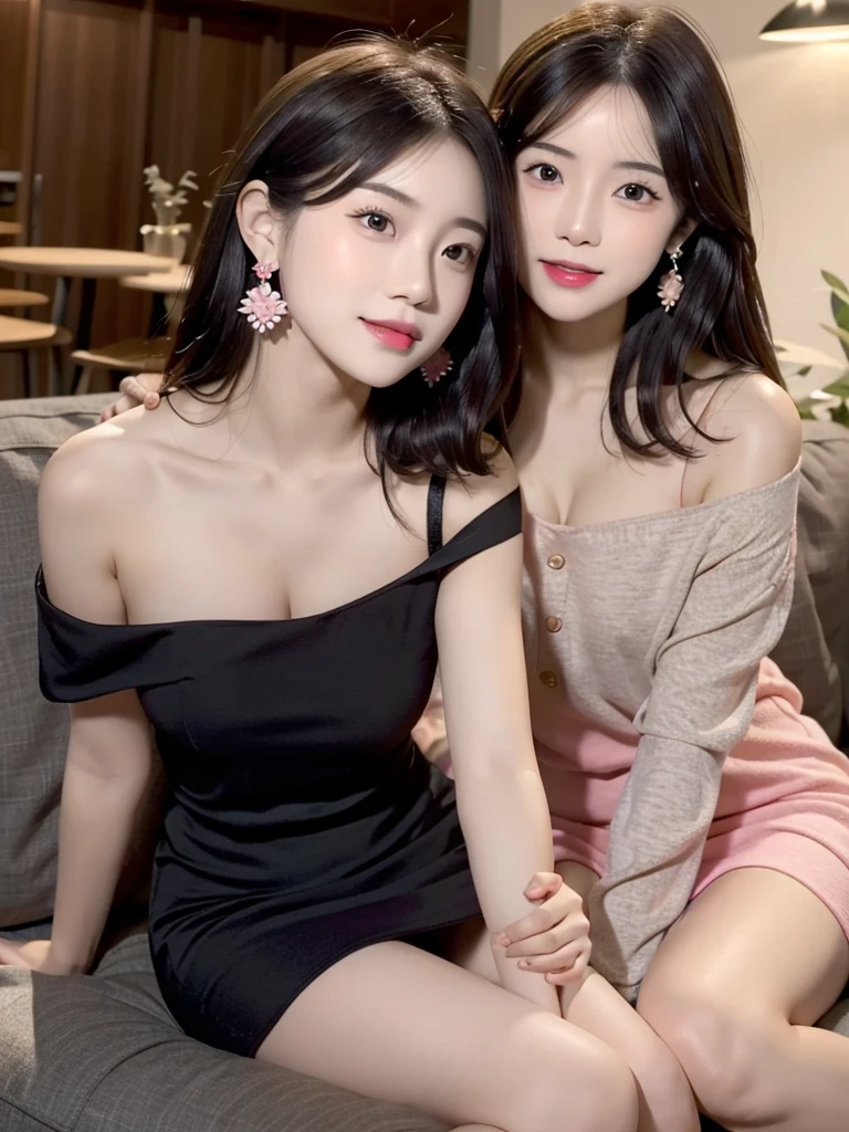 (2 girls)、17-year-old female、Beauty、Dark-haired、clothing(Black off-the-shoulder dress、Casual enough to see underwear) Very slim figure,,,,,、Very slim leganicure、earrings、Pink Lips、photo、lifelike、Sexual、Top quality、adoption、Delicate face、Detailed background、Depth of Field、Full body view、Sitting on the sofa,Kneeling on the ground、Sexual、Solitary、night,Different actions
