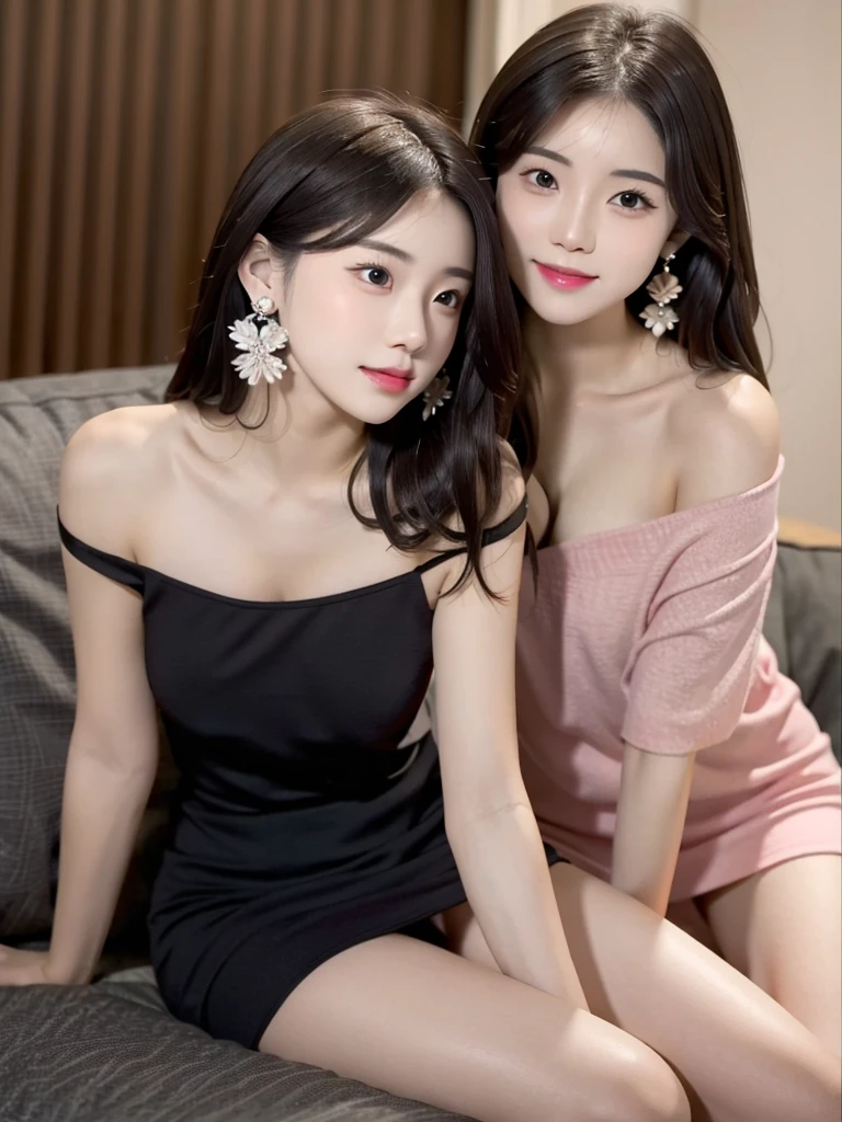 (2 girls)、17-year-old female、Beauty、Dark-haired、clothing(Black off-the-shoulder dress、Casual enough to see underwear) Very slim figure,,,,,、Very slim leganicure、earrings、Pink Lips、photo、lifelike、Sexual、Top quality、adoption、Delicate face、Detailed background、Depth of Field、Full body view、Sitting on the sofa,Kneeling on the ground、Sexual、Solitary、night,Different actions