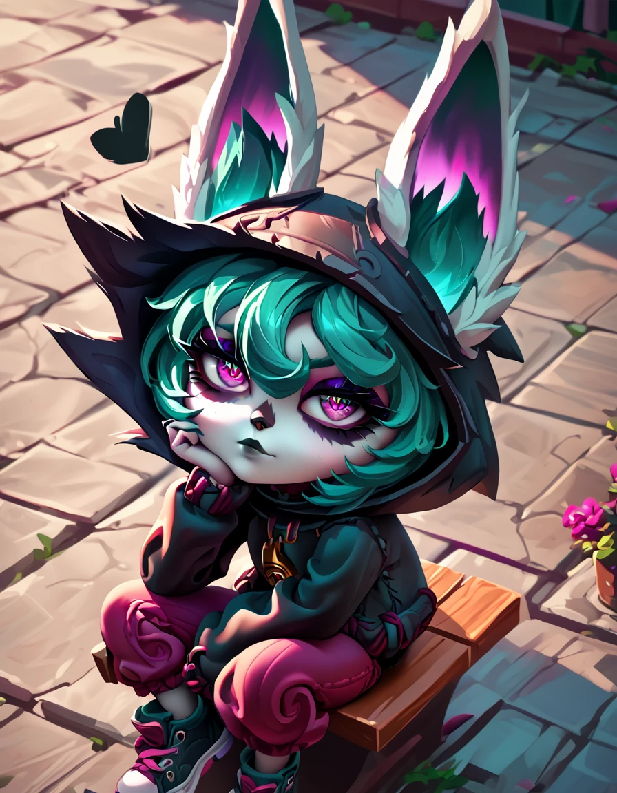 score_9, score_8_above, score_7_above, 1 girl, Alone, VexLoLXL, yordle, small pile, pink eyes, green fur, hits, short hair, gray skin, colored skin, black hood, ears through hats, white animal ears, NSFW ,simple_heart shaped_paboveils ,REST looking at the viewer, REST outdoors, BREAK (Masterpiece:1.2), Best Quality, high resolution, unity wallpaper 8k, (illustration:0.8), (Beautiful detailed eyes:1.6), extremely detailed face, perfect lighting, Extremely detailed CG, (perfect hands, perfect anatomy), from behind,