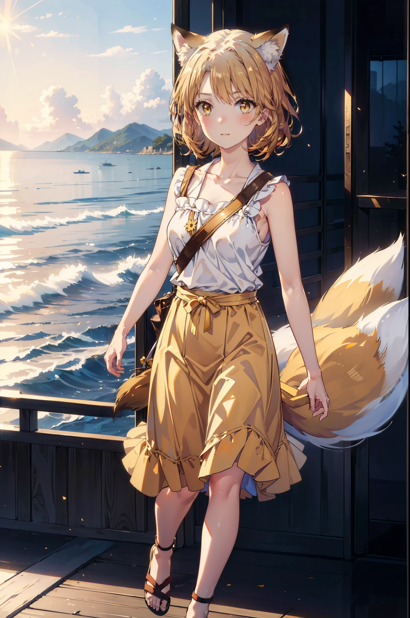 Irohaisshiki, isshiki iroha,Short Hair, Brown Hair, (Brown eyes:1.5), happy smile, smile, Open your mouth,animal(Fox Ears,Fox tail),Yellow sleeveless dress,Yellow long skirt,Cute Sandals,Carrier,background(Ships at anchor),port,My hair is blowing in the wind,Holding her hair with her right hand,whole bodyがイラストに入るように,Are standing,morning,morning陽,The sun is rising,Cruise,
break outdoors, port,Ocean,
break looking at viewer,whole body,
break (masterpiece:1.2), Highest quality, High resolution, unity 8k wallpaper, (shape:0.8), (Beautiful and beautiful eyes:1.6), Highly detailed face, Perfect lighting, Highly detailed CG, (Perfect hands, Perfect Anatomy),