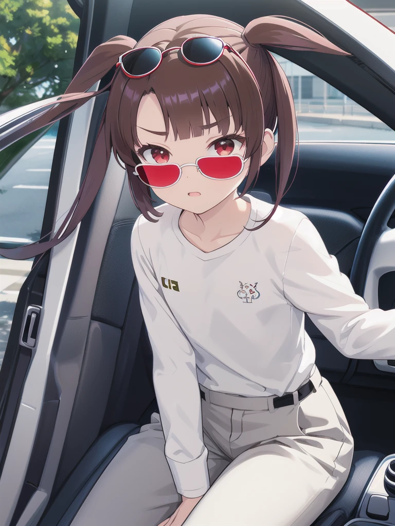 In the car,Convertible,Sitting,((Behind the wheel of a car)),Looking Ahead,driving,1 Girl, 独奏, Red eyes,((Wearing sunglasses)),, Twin tails, brown hair,crawling,((顔 focus)),upper body,White long sleeve shirt,Grey slacks, bangs, eyebrows visible through hair, Flat Chest,