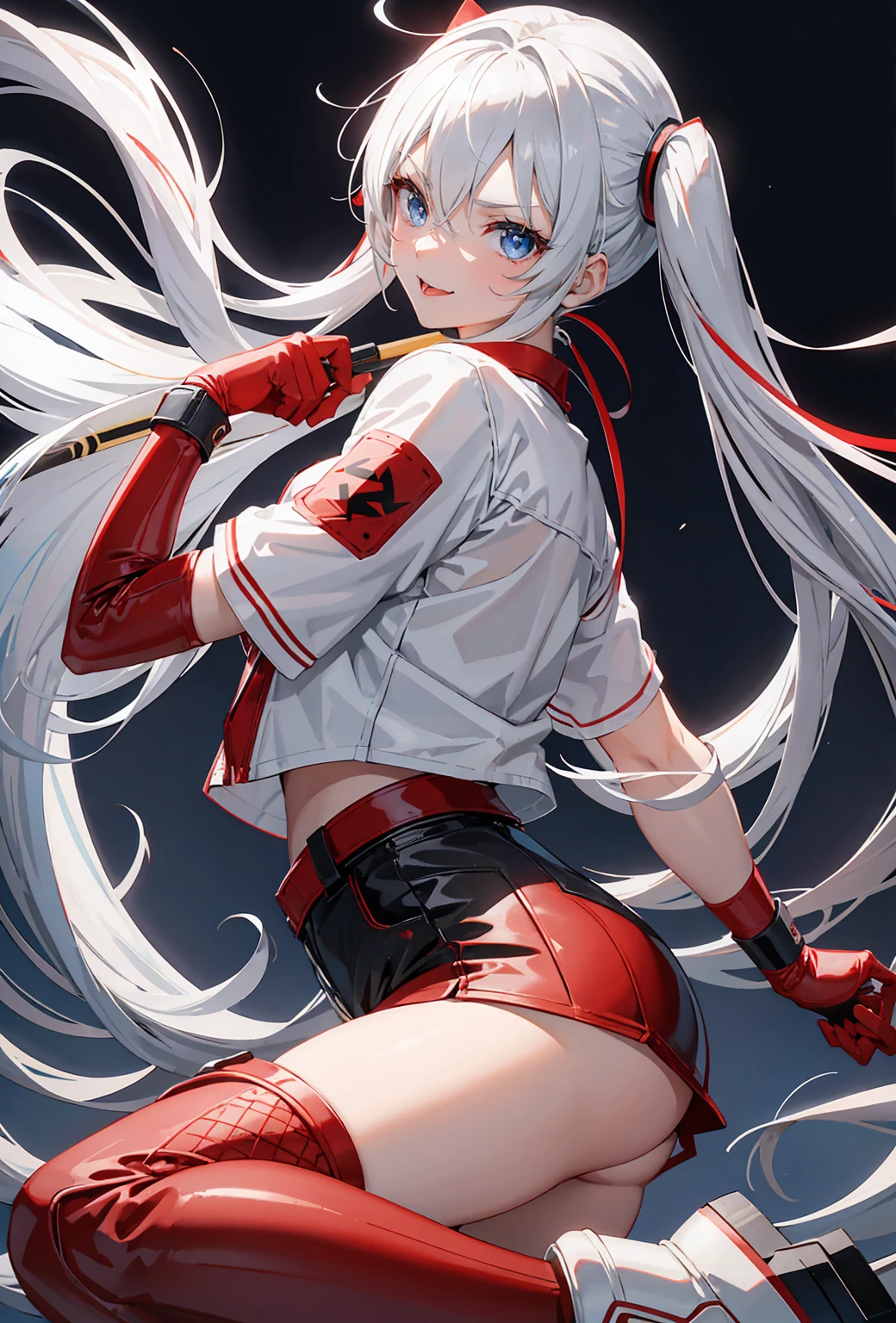 anime girl, Long silver high twintail hair, hair separated between the eyes, blue eyes, white eyebrows, Wear a clear white T-Shirt.:1.3, (red leather jacket), Wear black leather gloves., Wear red and black bikini short jeans., Wear full black fishnet stockings., red boots, Hold a baseball bat., An evil smile., Picture in red and black tones, Magnificent light and shadow, Dynamic images, stick out your tongue,