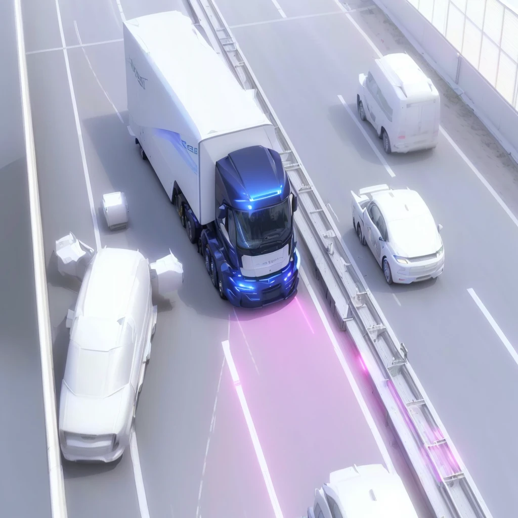 a futuristic self-driving arafed truck on a highway with a vibrant pink laser beam projected on the road, advanced highway infrastructure, forward-looking perspective, photorealistic 3D rendering, stylized illustration, smart transportation design, dynamic movement, Cartier branding, highly detailed, intricate, sharp focus, cinematic lighting, dramatic shadows, neon-tinged color palette, surreal atmosphere, concept art, (best quality,4k,8k,highres,masterpiece:1.2),ultra-detailed,(realistic,photorealistic,photo-realistic:1.37),HDR,UHD,studio lighting,ultra-fine painting,physically-based rendering,extreme detail description,professional,vivid colors,bokeh,concept art,sci-fi