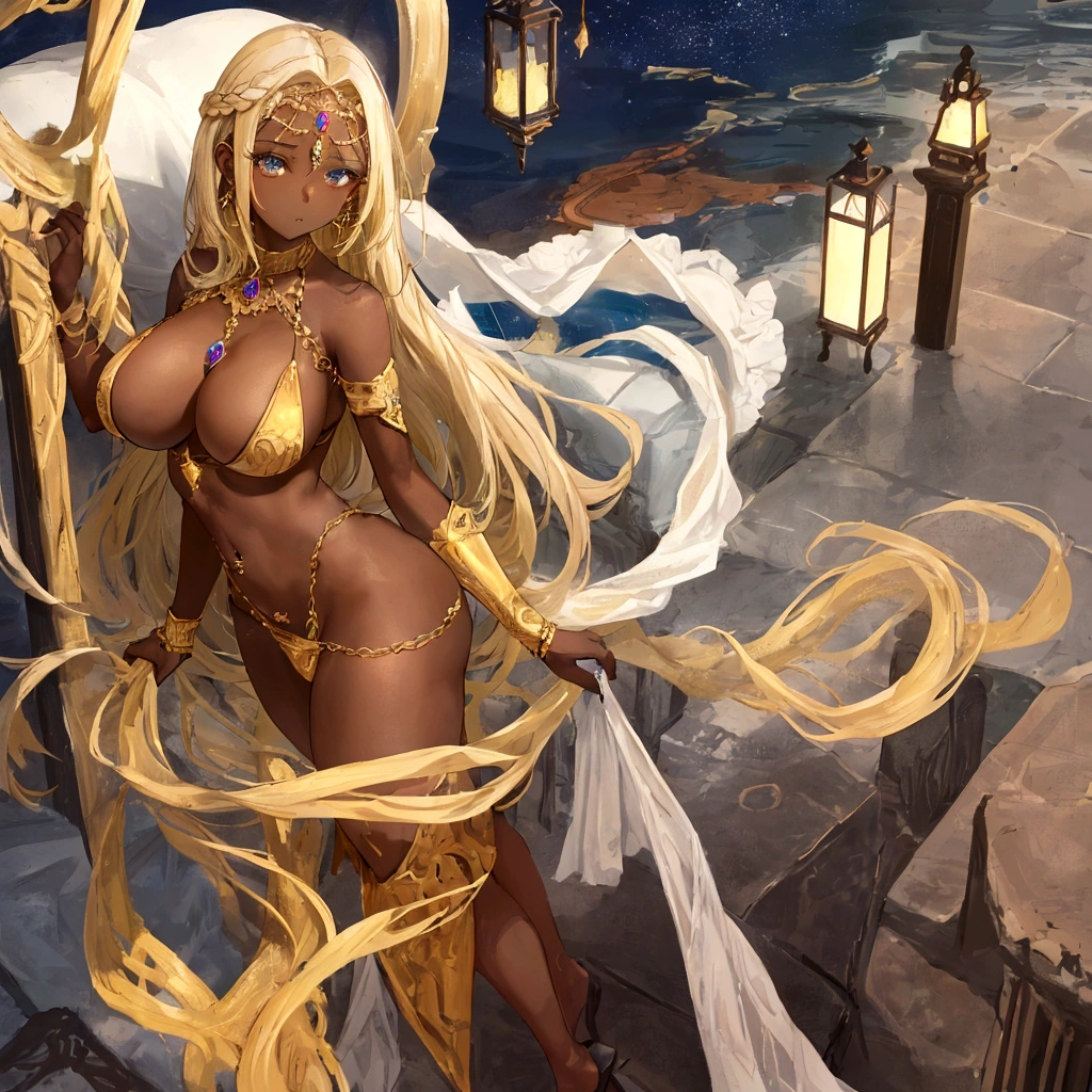 Beautiful dark-skinned girl in high school with large breasts and hourglass body. Her hair is blonde and long down to her hips., She has pierced ears、High-necked .looking back,
