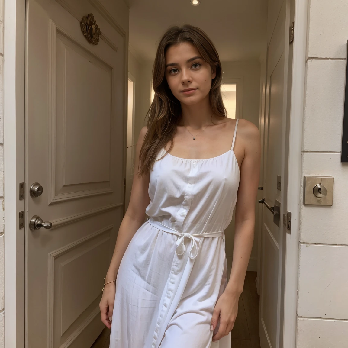 Lucie devant sa porte d entée de sa maison le soir qui a l air timide/gené toujours en robe