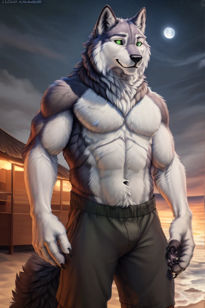 shoichi urata (tennis ace), male, muscular, siberian husky, husky, canid, fluffy, standing, beach, claws, paw, low angle view, long hair, white sclera, green eyes, front view, (by clockhandsat, clockhands,) grey primary fur, white secondary fur, moonlight, moon in background, by virtyalfobo, by anchee, by snowskau, by foxovh, by sabretoothed ermine, (intricate, high detail, film photography, soft focus, RAW candid cinema, photorealism, realistic, photorealistic, analog style, subsurface scattering, masterpiece, best quality, ultra realistic, 8k), shirtless, muscular, 6-pack, detailed eyes, high quality eyes, gentle smile, smiling, extending hand towards screen, muscular thighs
