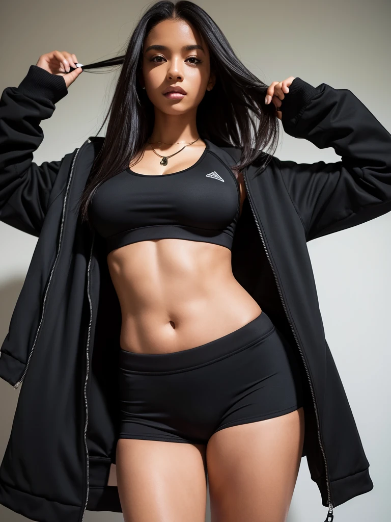 Black female, solo, Straight Hair, big tits, abs, , black sports bra, black thong, black jacket, necklace