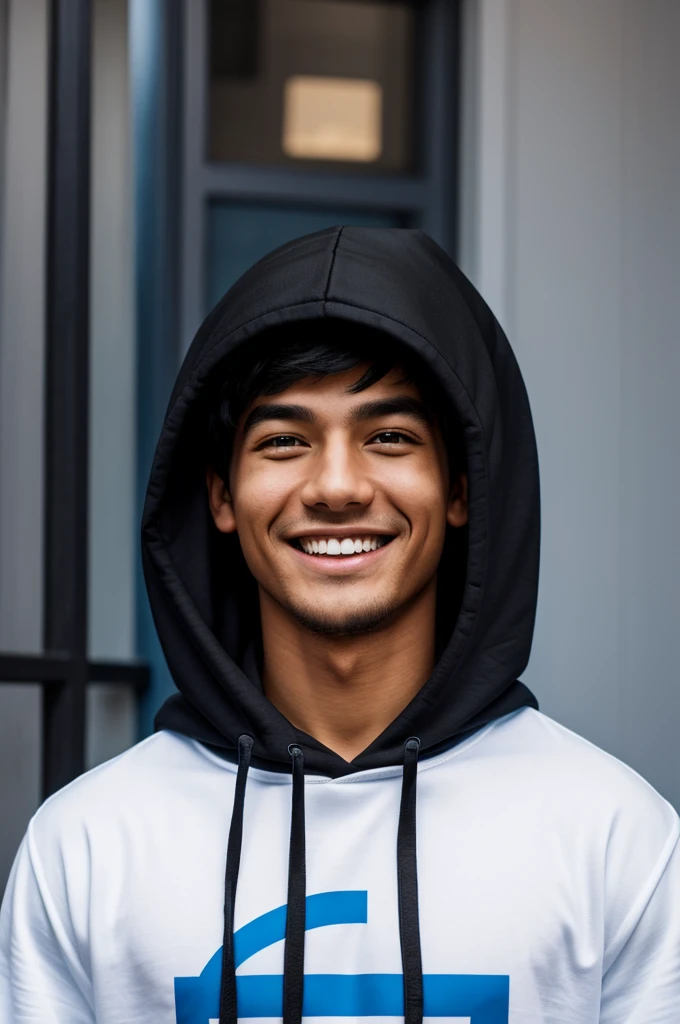 A boy smiling with black hoodie and blue designs on the hoodie with white t-shirt, and he has a black hair