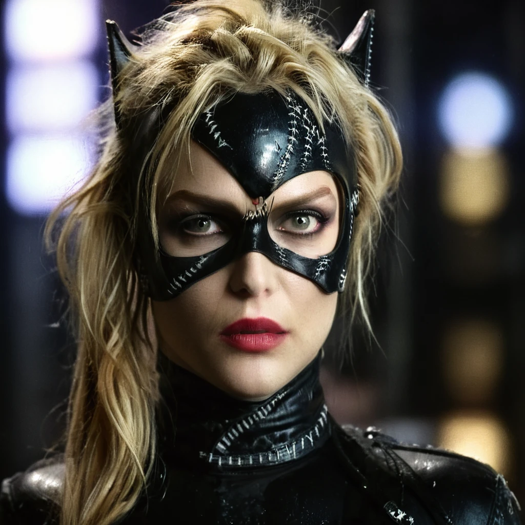 cinematic film still of  Cyberpunk Style
 A cyberpunk messy blonde hair catwoman staring at camera in a dark gotham city at night Cyberpunk Style, shallow depth of field, vignette, highly detailed, high budget, bokeh, cinemascope, moody, epic, gorgeous, film grain, grainy