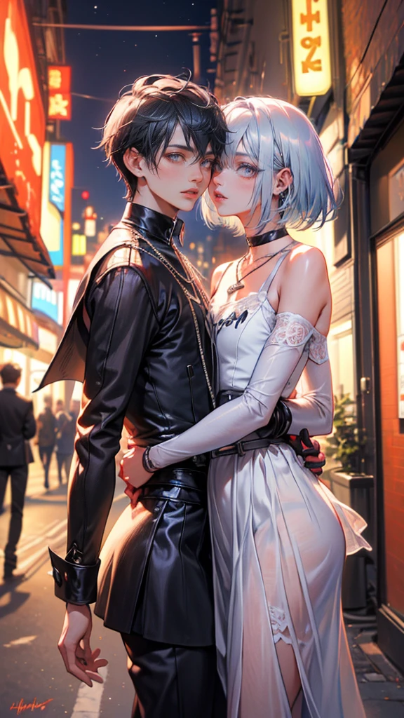 (8K, hight resolution, ultra-detailliert), Gay Couple,masterpiece, top-quality, 2Others, Male couple, 1 man and 1,, Adults, Height difference, different fashion, different color, finely eye and detailed face, intricate detailes, Black Butler Fashion, Modern urban streets, A smile, Happiness, tenderness, queers, Boys Love, high-level image quality、 Two beautiful men、tall、The upper part of the body、nightfall、nighttime scene、𝓡𝓸𝓶𝓪𝓷𝓽𝓲𝓬、Korean Male, k pop, Professional Photos, Vampires, Fedoman with necklace, inspired by Sim Sa-jeong, androgynous vampire, :9 detailed face: 8, extra detailed face, detailed punk hair, ((eyes are brown)) baggy eyes, Seductive. Highly detailed, semi realistic anime, Vampire deacon, hyperrealistic , delicate androgynous prince, imvu, short hair above the ears, Man with short hair, With a purple-haired man with a wild expression, Man with light blue hair with gentle expression, With a short-haired man with bright purple hair, Man with light blue hair, Movie Posters, Movie Photos