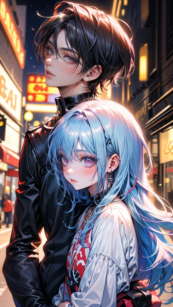 (8K, hight resolution, ultra-detailliert), Gay Couple,​masterpiece, top-quality, 2Others, Male couple, 1 man and 1,, Adults, Height difference, different fashion, different color, finely eye and detailed face, intricate detailes, Black Butler Fashion, Modern urban streets, A smile, Happiness, tenderness, queers, Boys Love, high-level image quality、 Two beautiful men、tall、The upper part of the body、nightfall、nighttime scene、𝓡𝓸𝓶𝓪𝓷𝓽𝓲𝓬、Korean Male, k pop, Professional Photos, Vampires, Fedoman with necklace, inspired by Sim Sa-jeong, androgynous vampire, :9 detailed face: 8, extra detailed face, detailed punk hair, ((eyes are brown)) baggy eyes, Seductive. Highly detailed, semi realistic anime, Vampire deacon, hyperrealistic teen, delicate androgynous prince, imvu, short hair above the ears, Man with short hair, With a purple-haired man with a wild expression, Man with light blue hair with gentle expression, With a short-haired man with bright purple hair, Man with light blue hair, Movie Posters, Movie Photos