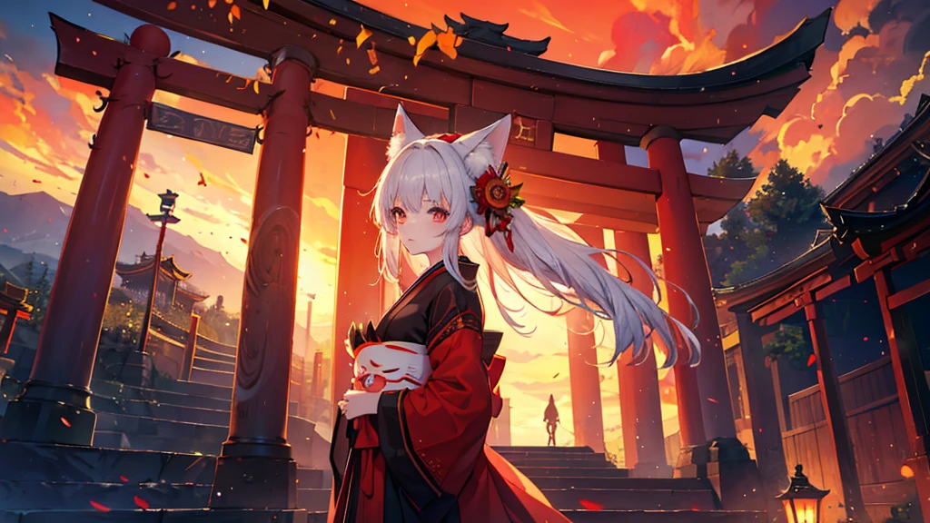 Girl wearing a fox mask,(masterpiece:1.2, Highest quality), (Beautiful Eyes: 1.2), ((One girl)), ((alone)),Large torii gate in the background