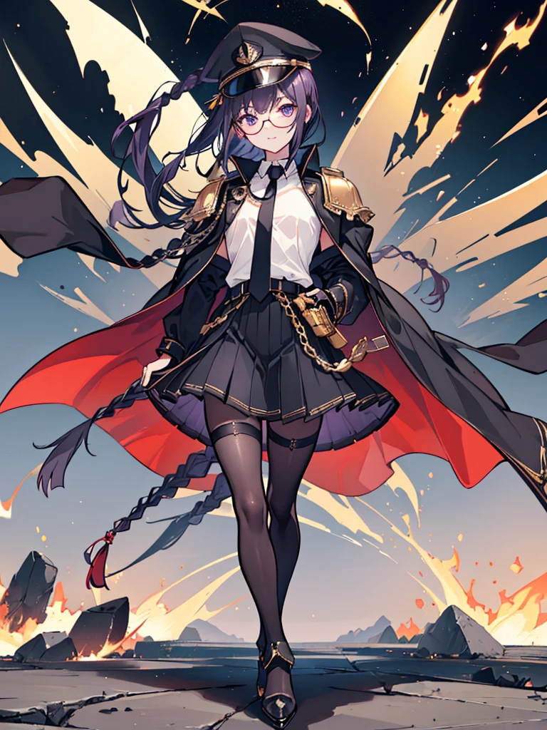 realisitic, City Deserted, Pile of rubble, Brick building, a one woman (18 years old, far away blackw hair, far away slits, Eyes red, glare eyes, 精致的面容, standing (In floor, feet shoulder-width apart), Lolita style military uniform (blackw base, Red Insert, golden decoration, volantes, wide sleeves, dainty and delicate detailing armors), blackw far away gloves (blackw, Red Insert, golden decoration, small hands, armors), blackw far away gloves, knee high boots (blackw, high-heels, red soles), ha (blackw, aba dourada, shield emblem, delicate details), arms in front, Front of belly, Holding military swords with both hands (blackw, golden decoration, delicate detail, Handle at the top, Ground-facing blade, in front of the body, far away), night sky (blackw, stele, Increased flames and smoke), Pale painting style, One Girl, super high quality, Super Detail, Super Detailed image, long hair, looking at viewer, skirt, shirt, hair ornament, violet eyes, gloves, round glasses, long sleeves, hat, closed mouth, jacket, violet hair, braid, open clothes, necktie, black gloves, black skirt, uniform, single braid, open jacket, black jacket, black headwear, 手链, peaked cap, black necktie, cropped jacket, military hat, pantyhose, Flat Chest, smile, Black Cape