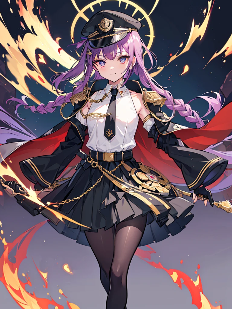 realisitic, City Deserted, Pile of rubble, Brick building, a one woman (18 years old, far away blackw hair, far away slits, Eyes red, glare eyes, 精致的面容, standing (In floor, feet shoulder-width apart), Lolita style military uniform (blackw base, Red Insert, golden decoration, volantes, wide sleeves, dainty and delicate detailing armors), blackw far away gloves (blackw, Red Insert, golden decoration, small hands, armors), blackw far away gloves, knee high boots (blackw, high-heels, red soles), ha (blackw, aba dourada, shield emblem, delicate details), arms in front, Front of belly, Holding military swords with both hands (blackw, golden decoration, delicate detail, Handle at the top, Ground-facing blade, in front of the body, far away), night sky (blackw, stele, Increased flames and smoke), Pale painting style, One Girl, super high quality, Super Detail, Super Detailed image, long hair, looking at viewer, skirt, shirt, hair ornament, violet eyes, gloves, round glasses, long sleeves, hat, closed mouth, jacket, violet hair, braid, open clothes, necktie, black gloves, black skirt, uniform, single braid, open jacket, black jacket, black headwear, 手链, peaked cap, black necktie, cropped jacket, military hat, pantyhose, Flat Chest, smile, Black Cape