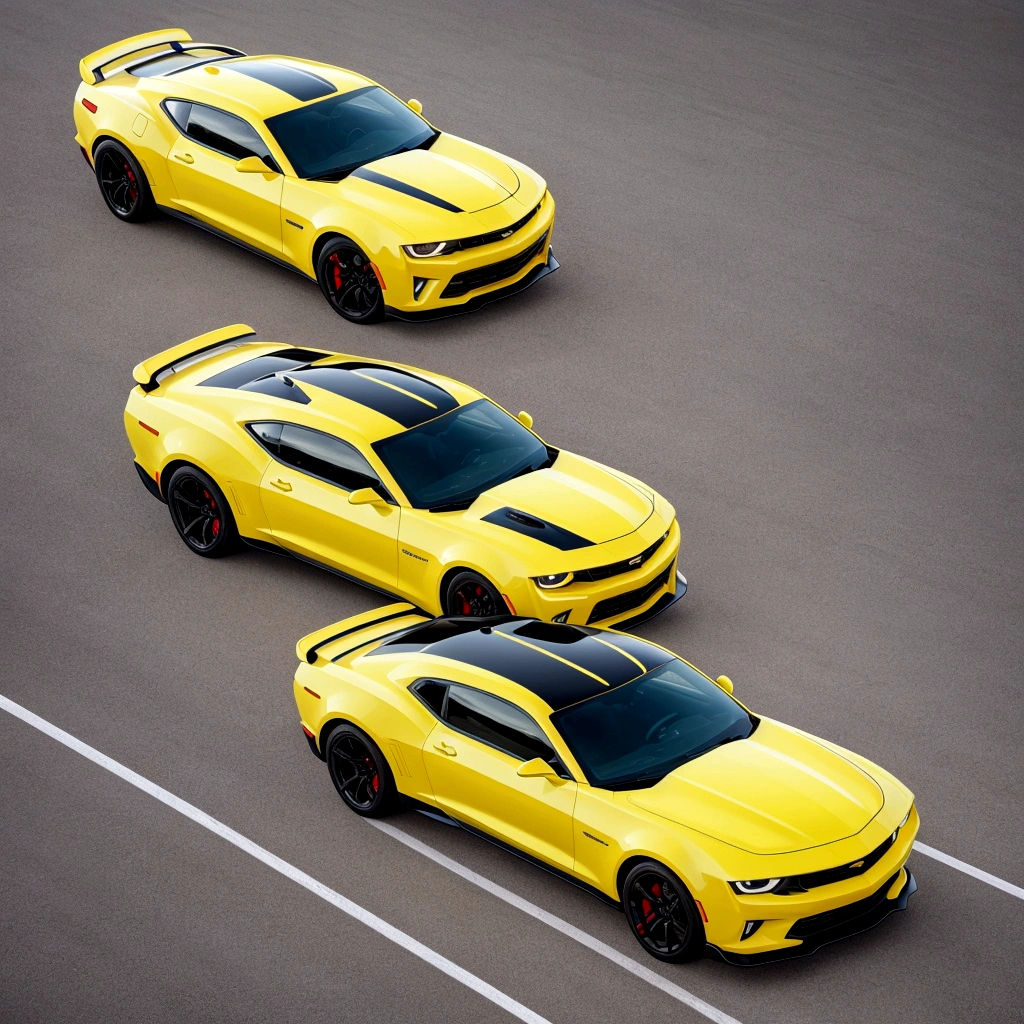 "Create a stunning landscape art piece depicting a garage hangar from a high point of view (POV). The main focus should be on the three cars: a yellow Chevrolet Camaro, a blue Ford Shelby GT500, and a Dodge Challenger. Position the cars prominently in the foreground, showcasing their sleek lines and advanced design details. The lighting should highlight the contours of the cars, emphasizing their unique features.
In the background, set the scene in an airplane hangar, with blurred motion effects to convey speed and a digital display showing a record-breaking speed. This will emphasize the status of the Chevrolet Camaro as the fastest electric car in the world. Ensure the overall atmosphere is dynamic and high-energy, with vibrant colors and sharp details.
The yellow Chevrolet Camaro should be centered in the frame, with the blue Ford Shelby GT500 slightly off-center to the left and the Dodge Challenger to the right. The cars should be arranged in a way that creates a sense of movement and energy.
The hangar should have a modern and sleek design, with metal walls and a high ceiling. The lighting should be a combination of natural and artificial, with a warm glow emanating from the digital display and a cool blue tone from the hangar's metal surfaces.
The blurred motion effects in the background should be subtle yet effective, conveying a sense of speed and dynamism. The digital display should be clear and easy to read, showing the record-breaking speed of the Chevrolet Camaro.
Overall, the image should be visually striking, with a focus on the cars and their advanced design features. The background elements should enhance the overall atmosphere and emphasize the status of the Chevrolet Camaro as the fastest electric car in the world."