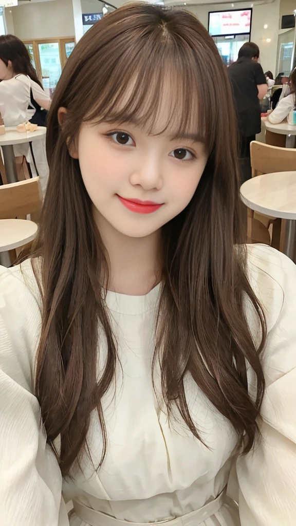 masterpiece、４K、Looking into the camera、Take a selfie from the front、（Cute smile 1.6）Close-up shot、18-year-old female、Light brown hair、With bangs、｟Loose and fluffy hair｠、Fashion Model、Cafe Terrace、Instagram、Cute Woman、