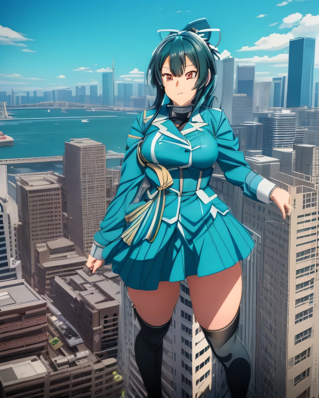 (((takao_kantaicollection))) animestyle 　90's　giant girl on the road of the big city girl in female giant giant girl (((takao_kantaicollection))) Whole body Destroyed skyscrapers Destroyed cars Crowd Unreal Engine



