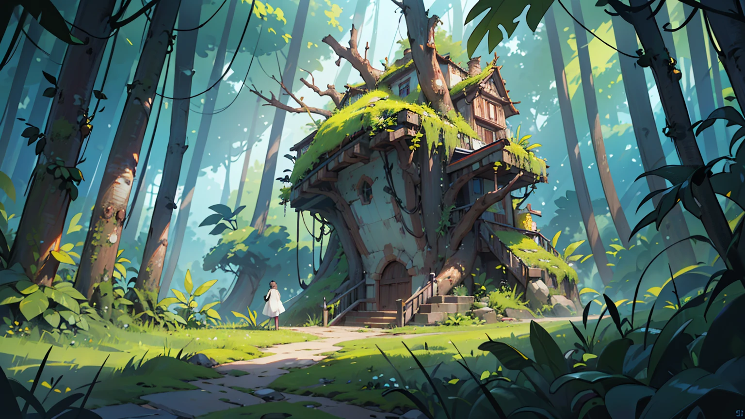 (beautiful, masterpiece, masterwork, best quality, 8k, amazing, dramatic, unique, pleasing, appealing, balanced composition, consistent style, hdr, eye catching, landscape, wide view), mossy jungle, vines