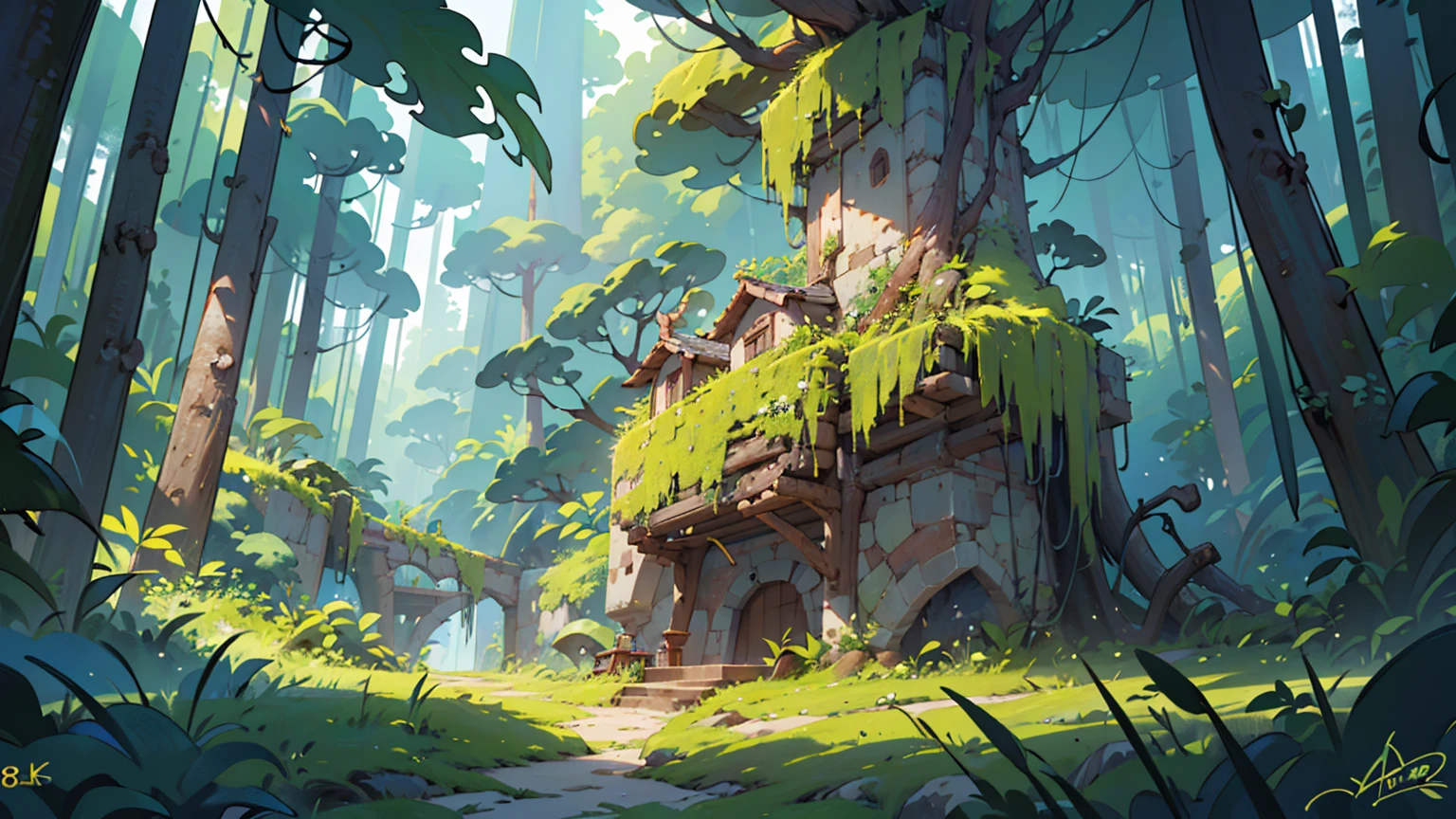 (beautiful, masterpiece, masterwork, best quality, 8k, amazing, dramatic, unique, pleasing, appealing, balanced composition, consistent style, hdr, eye catching, landscape, wide view), mossy jungle, vines