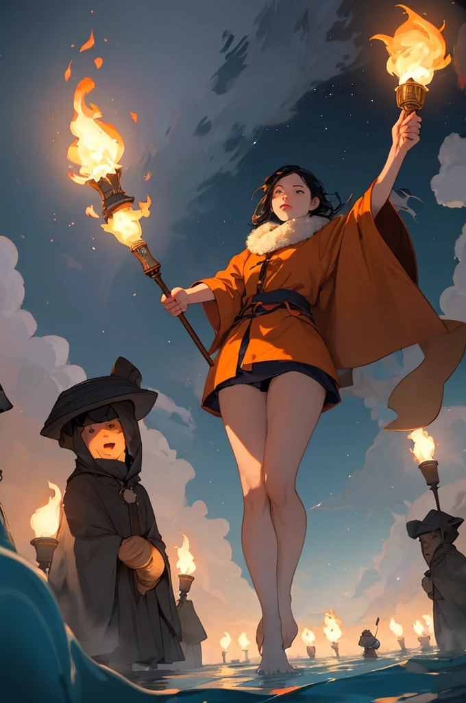 Create a masterpiece, a highest-quality illustration of a group of villagers in a very low angle view, set against the dark night of the Arctic tundra. Capture a stunning blue and orange gradient atmosphere in the sky. The villagers are lighting their torches as they walk through the cold water, with their legs submerged deep. Show them lifting their torches high to prevent the flames from being snuffed out by the water.”