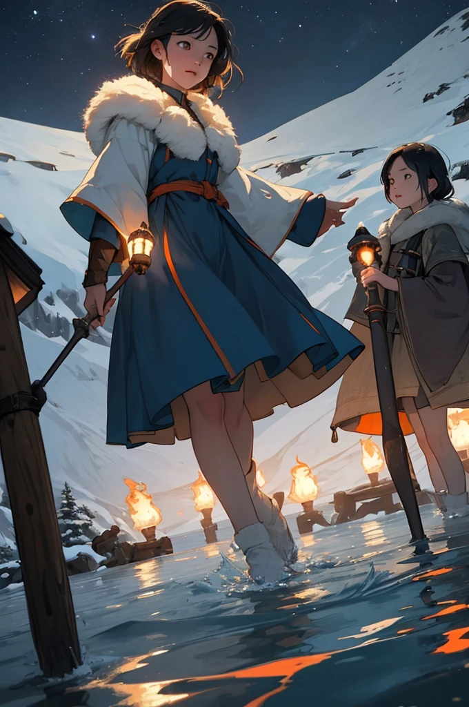Create a masterpiece, a highest-quality illustration of a group of villagers in a very low angle view, set against the dark night of the Arctic tundra. Capture a stunning blue and orange gradient atmosphere in the sky. The villagers are lighting their torches as they walk through the cold water, with their legs submerged deep. Show them lifting their torches high to prevent the flames from being snuffed out by the water.”