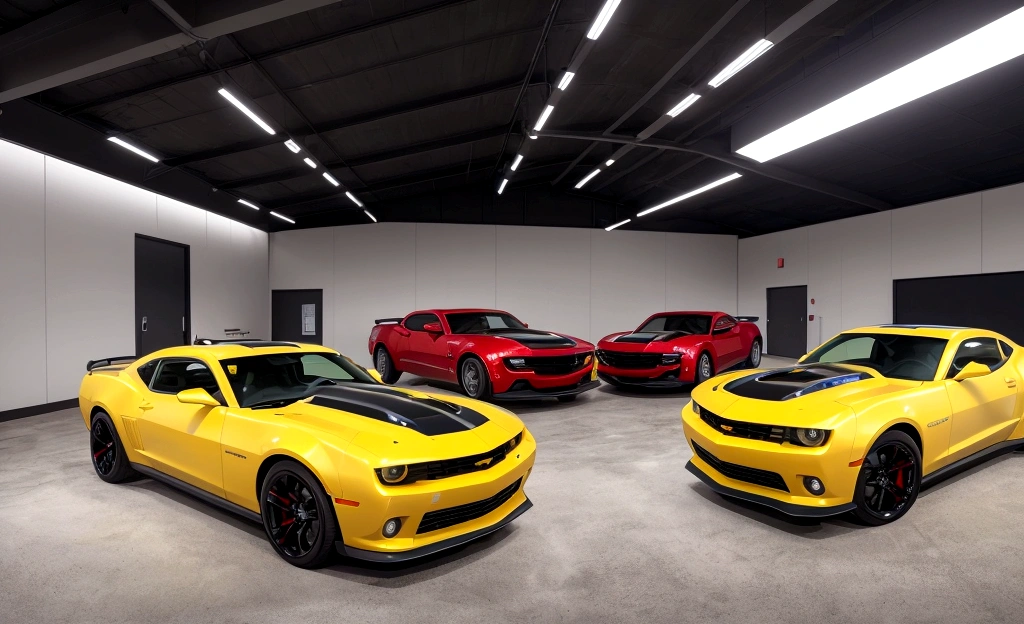 "Create a stunning landscape art piece depicting a garage hangar from a high point of view (POV). The main focus should be on the three cars: a yellow Chevrolet Camaro, a blue Ford Shelby GT500, and a Dodge Challenger. Position the cars prominently in the foreground, showcasing their sleek lines and advanced design details. The lighting should highlight the contours of the cars, emphasizing their unique features. In the background, set the scene in an airplane hangar, with blurred motion effects to convey speed and a digital display showing a record-breaking speed. This will emphasize the status of the Chevrolet Camaro as the fastest electric car in the world. Ensure the overall atmosphere is dynamic and high-energy, with vibrant colors and sharp details. The yellow Chevrolet Camaro should be centered in the frame, with the blue Ford Shelby GT500 slightly off-center to the left and the Dodge Challenger to the right. The cars should be arranged in a way that creates a sense of movement and energy. The hangar should have a modern and sleek design, with metal walls and a high ceiling. The lighting should be a combination of natural and artificial, with a warm glow emanating from the digital display and a cool blue tone from the hangar's metal surfaces. The blurred motion effects in the background should be subtle yet effective, conveying a sense of speed and dynamism. The digital display should be clear and easy to read, showing the record-breaking speed of the Chevrolet Camaro. Overall, the image should be visually striking, with a focus on the cars and their advanced design features. The background elements should enhance the overall atmosphere and emphasize the status of the Chevrolet Camaro as the fastest electric car in the world."