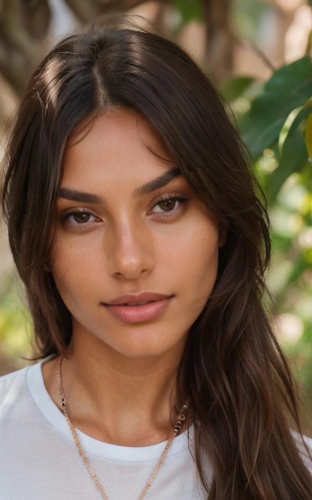 (Jewellry:1.3), very warm colors, tan skin, beautiful brunette, (high detailed face), (high detailed skin texture), (high detailed hair), (high detailed eyes), brown eyes, (long straigh dark hair), 1 girl, 20 years old, brown skin, face thin nose, photography, ultra-realistic, 8k, backlit, white crop top, perfect teeth, fit girl, bottom-up view, shiny hair,