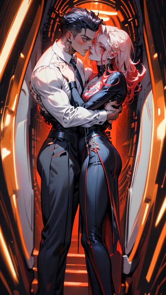 (8K, hight resolution, ultra-detailliert), anime boy, Mafia Noir Casino Gambling Bar Vampire dominant alpha gay couple macho sexy handsome demon adult men with tattoos big chest big abs slicked back hairstyle smoking red eyes charisma goth ((perfect face structure)) detailed stylized ((handsome male couple)) ((men kissing)) ((perfect eyes))