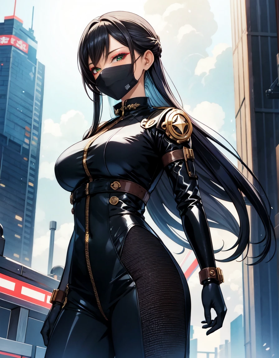 ((High-definition masterpiece)), retro-futuristic style and steampunk elements. | In this SF_Futuristic scenario, a fearless woman advances and confidence through the urban environment. His futuristic jumpsuit, ornamented and pulsating light lines, 技術的な美学and自然andの戦いにおける彼の決意andの調和を強調する. The cover features a rebellious symbol., リーダーandしての役割を強調する. Cyber mask is、As we approach the imposing Energy Tower、Highlights your determined look. metal construction, Dominate the Horizon, 強烈な光and技術的活動を発する, Women take on the corporate world、浮遊都市における技術and自然のバランスを取り戻す準備をしている。. | This composition emphasizes the woman's determined attitude., and the cyber mask highlighting her expressive eyes. The Energy Tower's intense lighting creates a challenging atmosphere, テクノロジーand自然の要素の戦いを強調する. | Futuristic scene of a brave woman taking on a corporation in a floating city, 技術的な美学and自然andの闘いの調和を強調する. | {The camera is placed very close to her, revealing her entire body as she adopts a dynamic_Pause, interacting and and leaning on a structure in the scene in an exciting way} | ((perfection_Pause):1), she ((dynamic_Pause as interacts, Boldly relying on structure, leaning back in a dynamic way):1.3), ((whole body)), ((hand_and_5_refer to):1), ((perfection_refer to):1), ((perfection_foot):1), Better_hand, もっand_detailed.