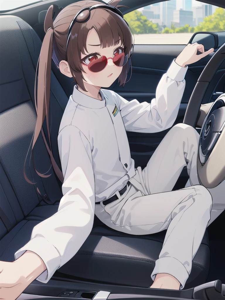 In the car,Convertible,Sitting,((Behind the wheel of a car)),Looking Ahead,driving,1 Girl, 独奏, Red eyes,((Wearing sunglasses)),, Twin tails, brown hair,crawling,((顔 focus)),upper body,White long sleeve shirt,Grey slacks, bangs, eyebrows visible through hair, Flat Chest,