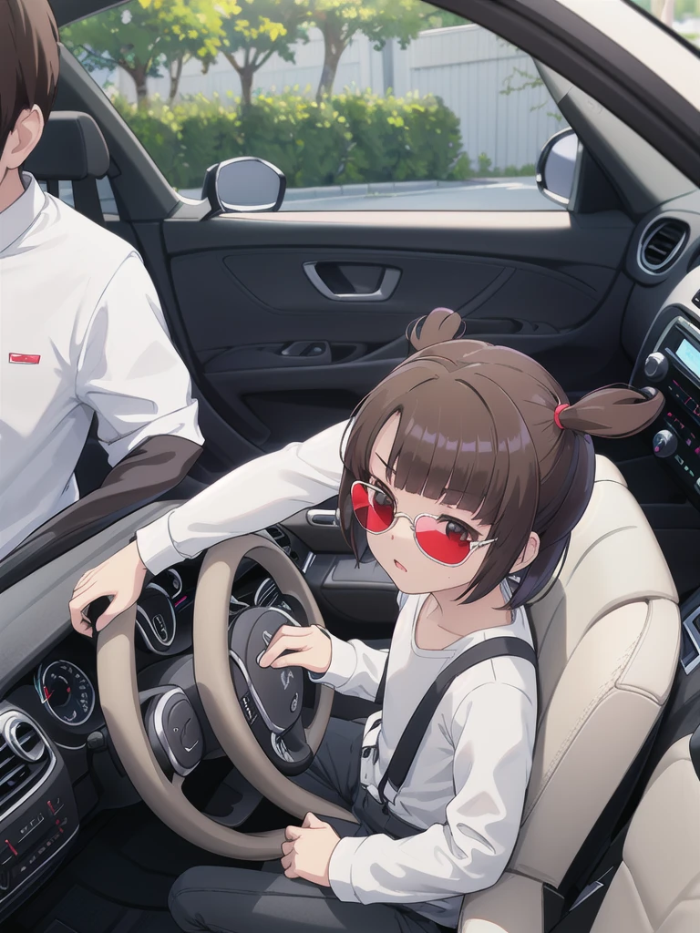 In the car,Convertible,Sitting,((Behind the wheel of a car)),Looking Ahead,driving,1 Girl, 独奏, Red eyes,((Wearing sunglasses)),, Twin tails, brown hair,crawling,((顔 focus)),upper body,White long sleeve shirt,Grey slacks, bangs, eyebrows visible through hair, Flat Chest,