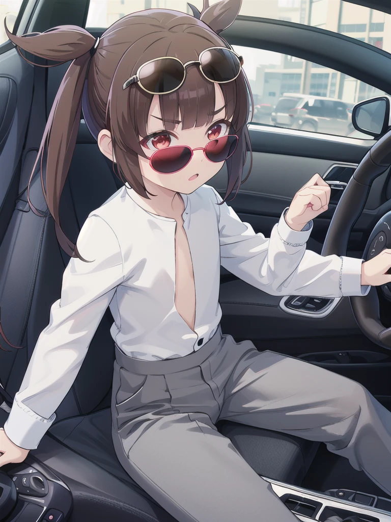 In the car,Convertible,Sitting,((Behind the wheel of a car)),Looking Ahead,driving,1 Girl, 独奏, Red eyes,((Wearing sunglasses)),, Twin tails, brown hair,crawling,((顔 focus)),upper body,White long sleeve shirt,Grey slacks, bangs, eyebrows visible through hair, Flat Chest,