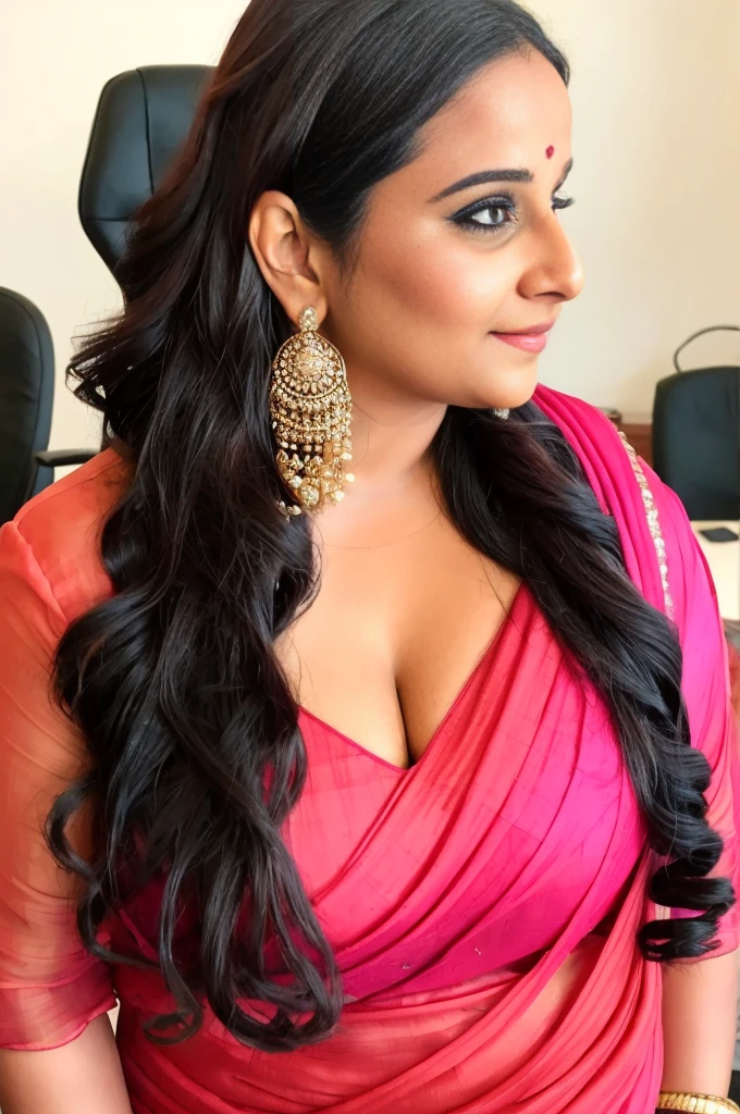 Vidya Balan' Sultry Plus size exhibitionist amorous lady with huge breasts wearing a low tide light chiffon sar
ee with pallu and chiffon sleeveless blouse working in the office. Very long wavy hair with streaks.  Heavy makeup. Side view. Flamboyant. 
