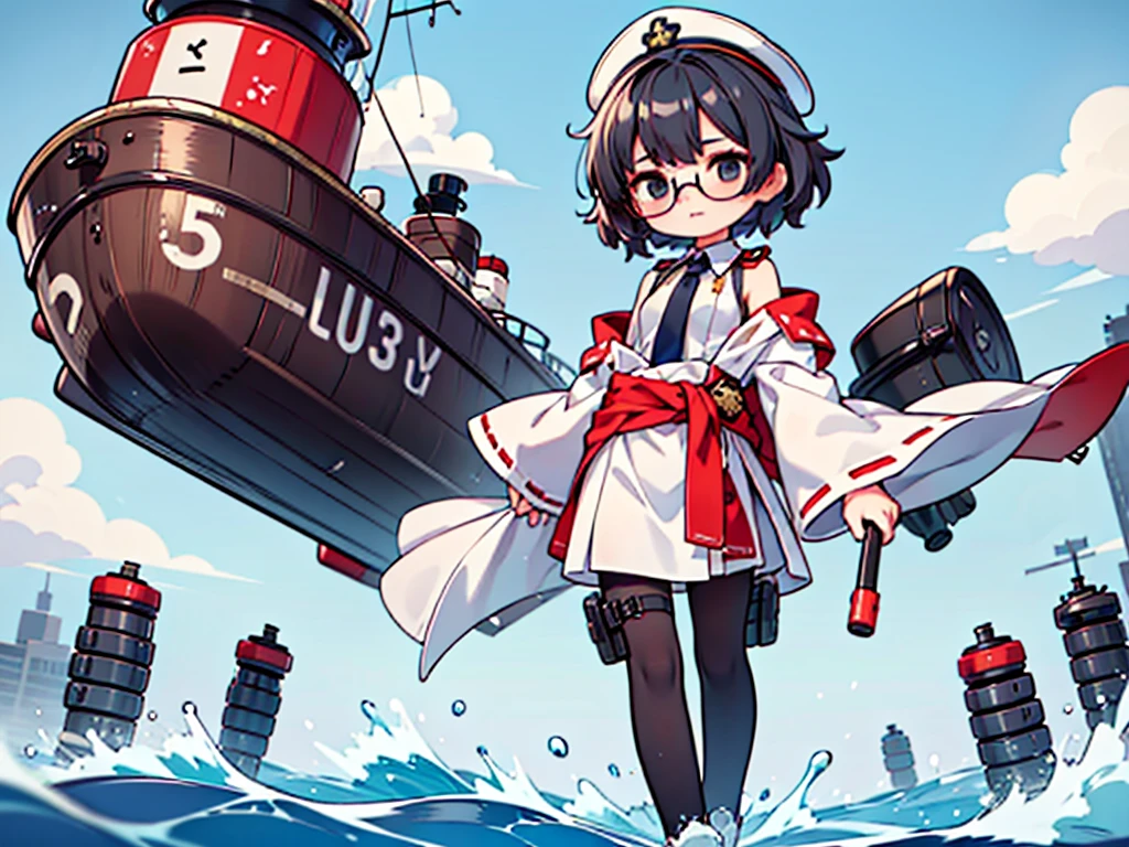 (((masterpiece, Vision))), ((((Full body of a woman with perfect flat chest、solo、Short unkempt black hair、Tie your messy hair at the nape of your neck、white military jacket、Miko costume、black tights、Black glasses、White military cap、Cloudy black eyes、Confused eyes、Junyo-inspired emblem)))), (((Shipgirl))), ((Floating on the morning sea with both feet)), (Standing with your legs apart), (Hold the turret grip with your right hand), (Mechanical arms extending from the waist are used to equip the ship with battleship equipment.), (Equipped with a turret on the back), (Left arm holds the triple turret grip), Shotgun shell in left arm, Spreading the Machine's Wings, 2. Machine Tail, A mechanical prosthetic arm holds the turret,