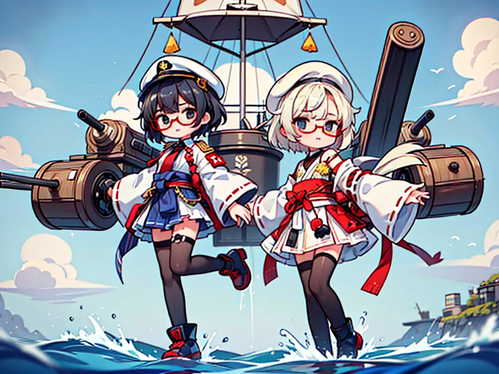 (((masterpiece, Vision))), ((((Full body of a woman with perfect flat chest、solo、Short unkempt black hair、Tie your messy hair at the nape of your neck、white military jacket、Miko costume、black tights、Black glasses、White military cap、Cloudy black eyes、Confused eyes、Junyo-inspired emblem)))), (((Shipgirl))), ((Floating on the morning sea with both feet)), (Standing with your legs apart), (Hold the turret grip with your right hand), (Mechanical arms extending from the waist are used to equip the ship with battleship equipment.), (Equipped with a turret on the back), (Left arm holds the triple turret grip), Shotgun shell in left arm, Spreading the Machine&#39;s Wings, 2. Machine Tail, A mechanical prosthetic arm holds the turret, 