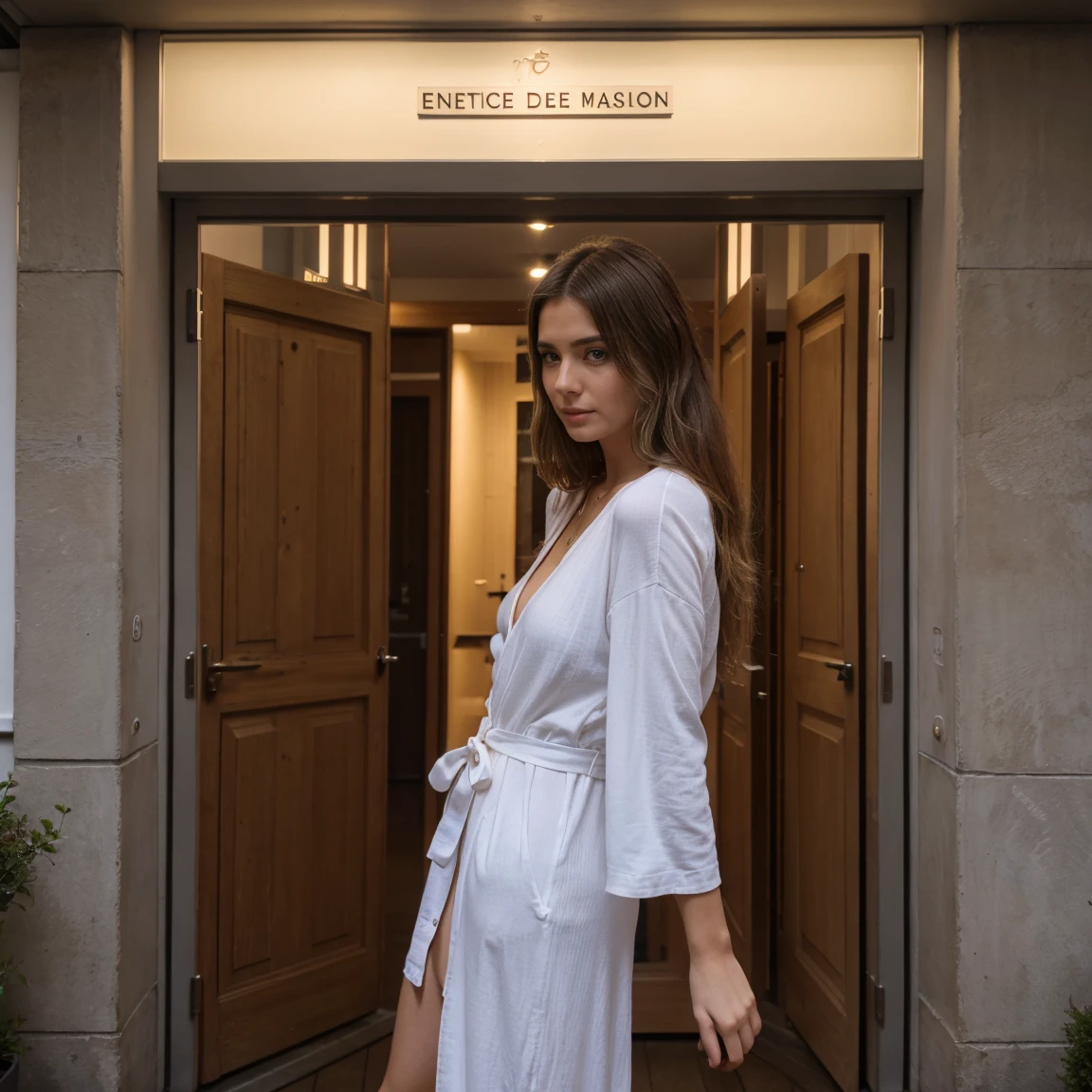 Lucie devant sa porte d entée de sa maison la nuit en robe