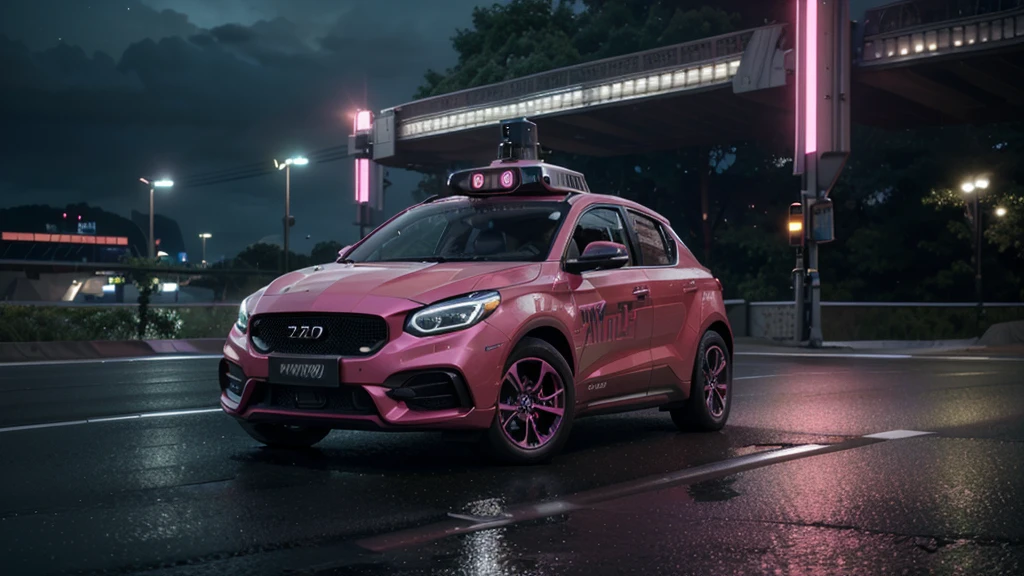 a futuristic self-driving arafed truck on a highway with a vibrant pink laser beam projected on the road, advanced highway infrastructure, forward-looking perspective, photorealistic 3D rendering, stylized illustration, smart transportation design, dynamic movement, Cartier branding, highly detailed, intricate, sharp focus, cinematic lighting, dramatic shadows, neon-tinged color palette, surreal atmosphere, concept art, (best quality,4k,8k,highres,masterpiece:1.2),ultra-detailed,(realistic,photorealistic,photo-realistic:1.37),HDR,UHD,studio lighting,ultra-fine painting,physically-based rendering,extreme detail description,professional,vivid colors,bokeh,concept art,sci-fi