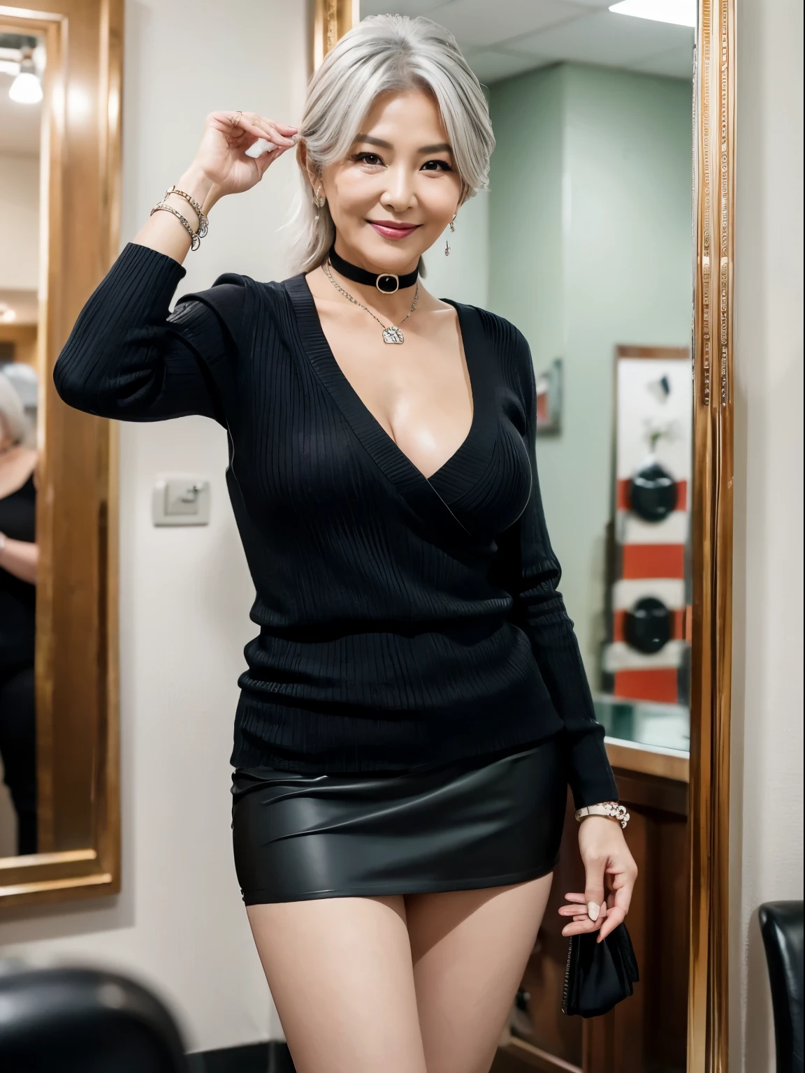 OL、スーツ 88 years old mom milf Korean, Lady large earring Big choker navel piercing decoration A bracelet Silver Hair realisitic Gorgeous Madame Beautiful Mature Woman sexly Smile Gentle woman navel piercing 4K High quality barber shop haircut Customer employee mirror