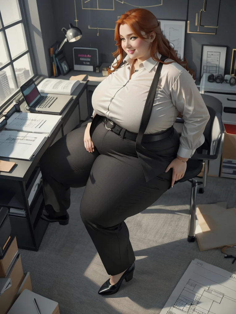 A happy and excited photo of a Beautiful ginger architect SSBBW, with long wavy light Brownish-ginger hair, with big soft fat belly, thicc fat arms, thicc wide legs, big breast, in long gray pants, long black shirt tucked in her pants, black belt, blach elegant shoes in her new modern architect office with a lot of building models and house blueprints, building blueprints on walls, huge window
