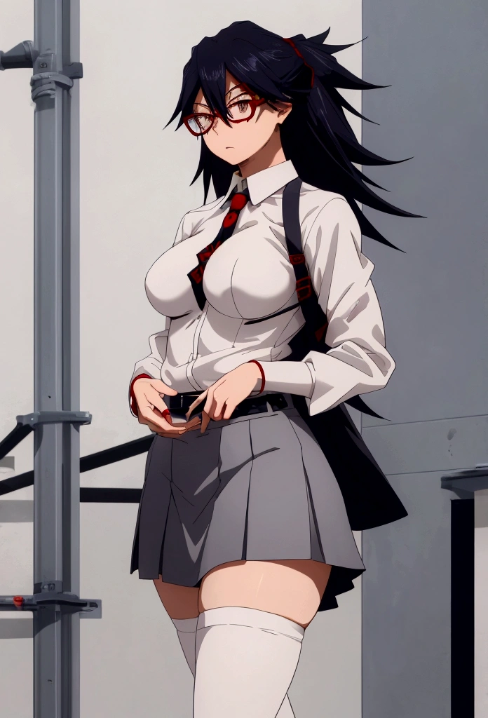 ((Best Quality)), ((Masterpiece)), (detailed), 1 girl, gray tailored suit, White shirt, tie, short gray skirt, red stockings, Red shoes. Nemuri Kayama, glasses, big breasts, medium glutes