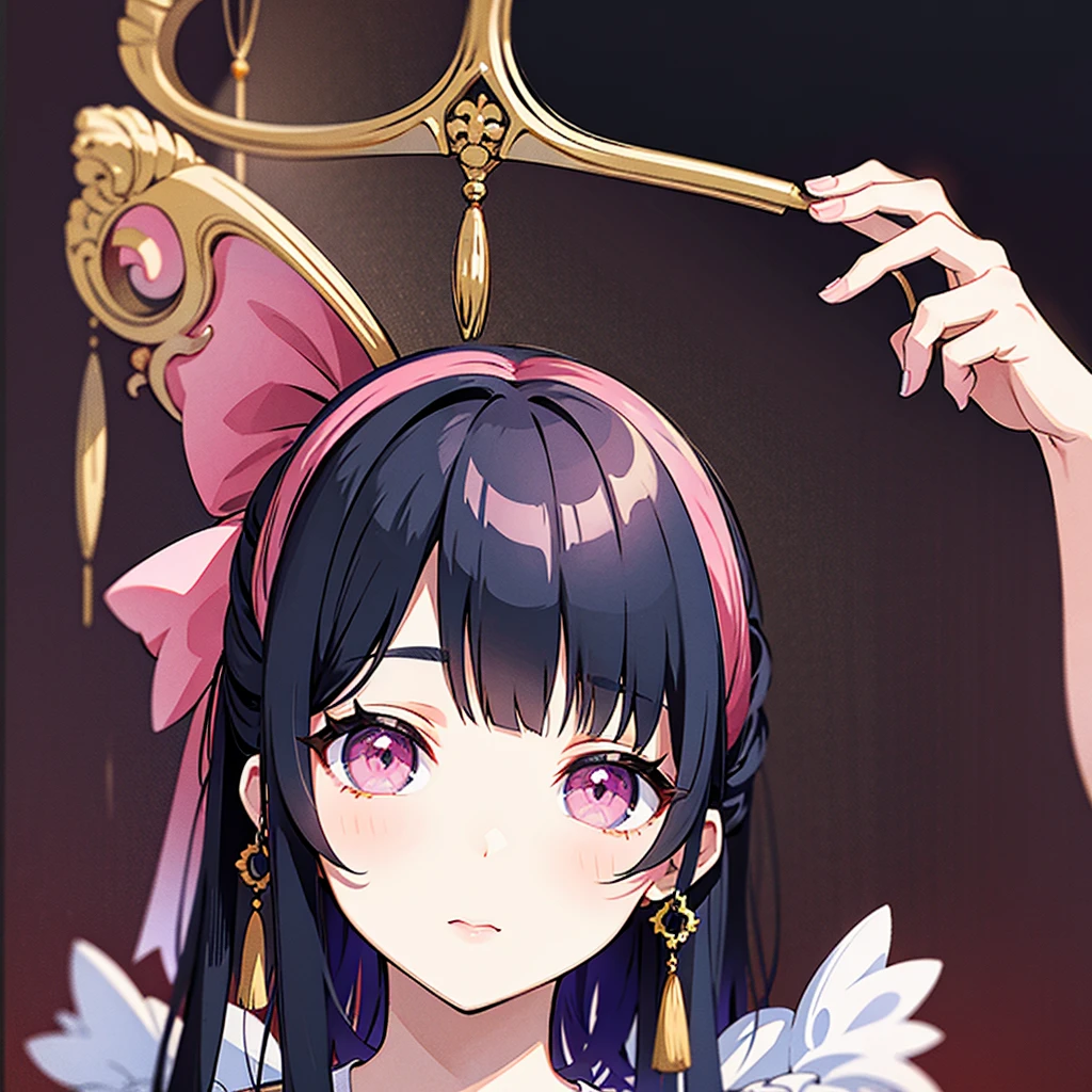 ((Highest quality)), ((masterpiece)), (detailed), Fine Lines, (Big eyes, Droopy eyes, Lower eyelid corners droop), (Black Hair, Tie up a little bit of hair on both sides, Long Hair), ribbon, Frills, Pastel feel, Face close-up, One girl, Background pink, paw pose